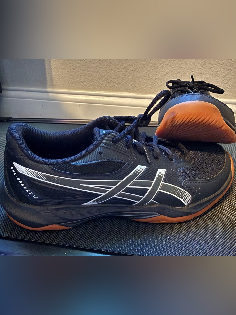 ASICS Black Athletic Shoes with White Stripes and Gum Sole